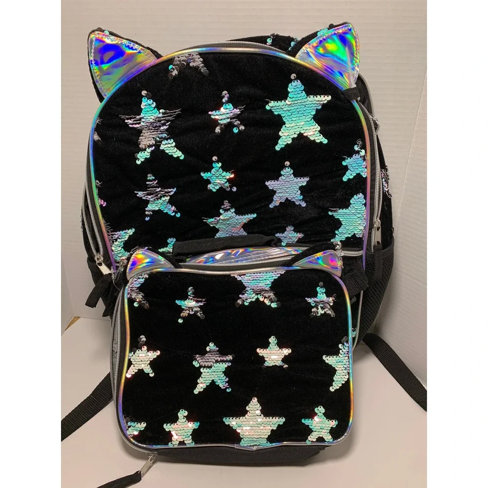 NWT Cat Ears Backpack Set 3pc Magic Sequin Stars Lunch Bag Girls School Tote